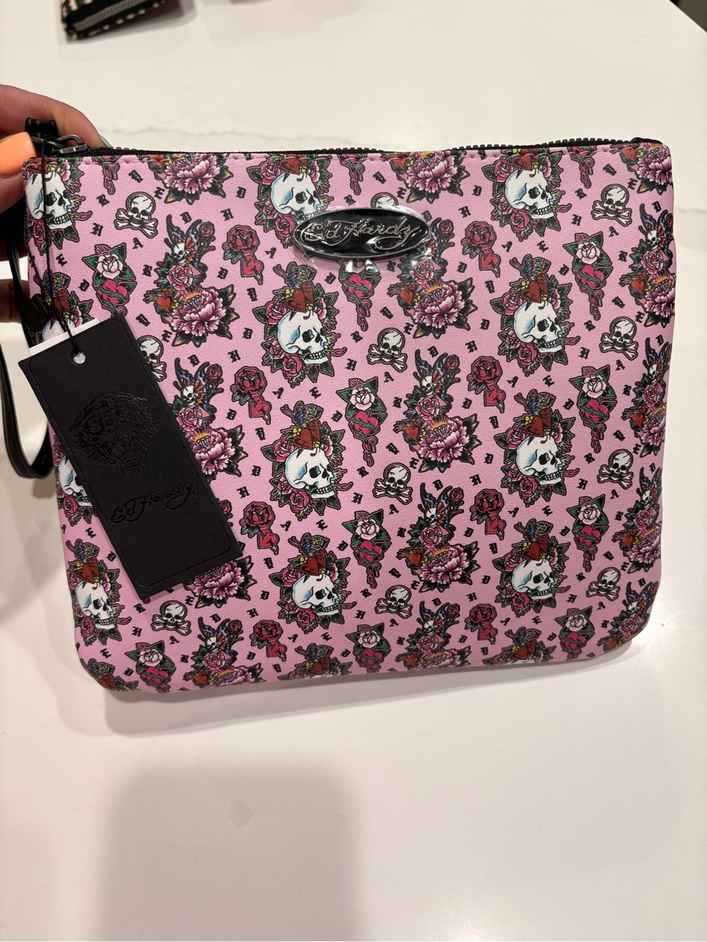 NWT Y2K Ed Hardy Classic Pink Floral Skull Tattoo Wristlet makeup cosmetic bag.